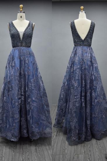 Blaues Abendkleid mit langem V-Ausschnitt | Glitzernde Ballkleider_5