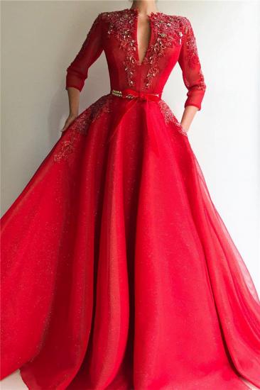 Sparkly Sequins Tüll mit V-Ausschnitt Red Prom Dress | Charmantes Juwel 3/4 Ärmel Applikationen langes Abendkleid
