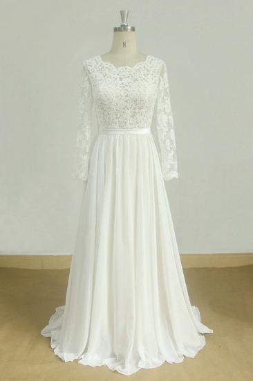 Glamouröses weißes Chiffon-Hochzeitskleid in A-Linie | Langarm Jewel Brautkleider_2
