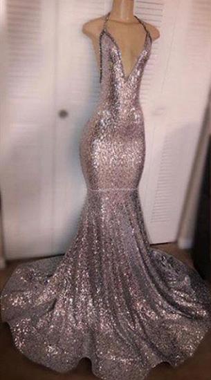 Deep V-neck Sexy Sequins Prom Dresses | Backless Mermaid Cheap Evening Gowns