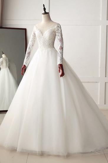 TsClothzone Elegant Jewel Tulle Lace White Wedding Dress A-Line Long Sleeves Appliques Bridal Gowns On Sale_4