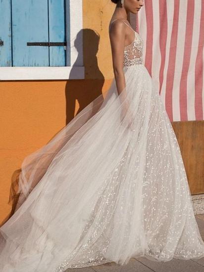 A-Line Wedding Dress V-neck Floor Length Tulle Sleeveless Bridal Gowns Casual Boho Plus Size_2