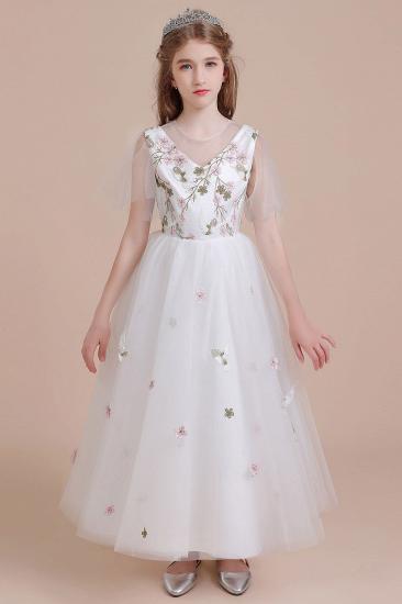 Lovely Embroidered Tulle Flower Girl Dress | Short Sleeve Little Girls Pegeant Dress Online_1