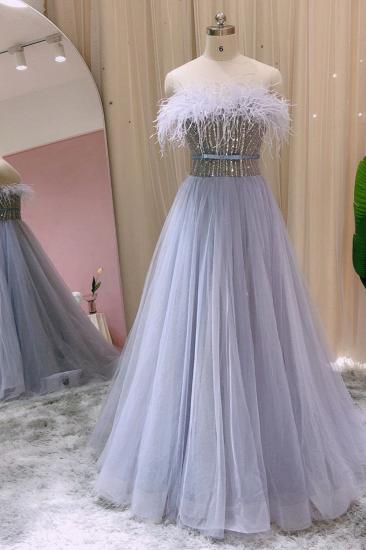 Stylish Strapless Fur Long Evening Dress Sequins Tulle Party Gowns