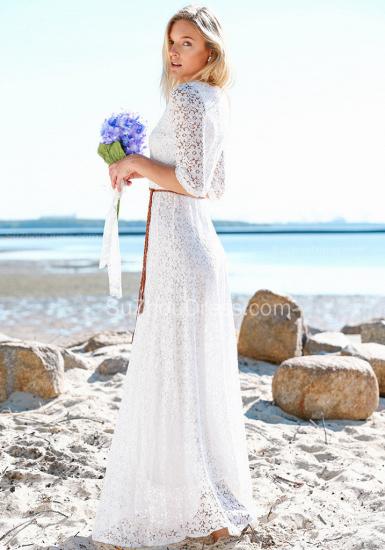Full Lace Long Sheath Wedding Gowns Scoop Half Sleeves Elegant Zipper Wedding Dresses_2