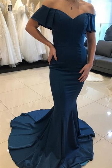 Mermaid Off The Shoulder Blue long Bridesmaid Dress Online | Sexy V Neck Open Back Gown Zipper Up With Train_1