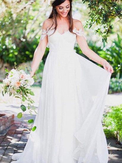 Sweep Train A-Line Chiffon Sleeveless Applique Lace Off-the-Shoulder Wedding Dresses_1
