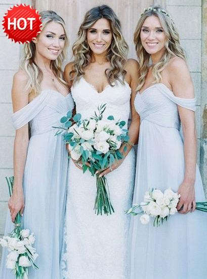Off-the-Shoulder Long Light Blue Chiffon Bridesmaid Dress