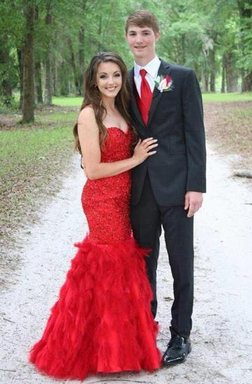 Red Sweetheart Mermaid Prom Dress Crystal Gorgeous Tulle Evening Gowns_3