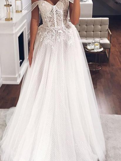 Country Plus Size A-Line Off Shoulder Wedding Dress Tulle Short Sleeve Bridal Gowns with Sweep Train_2
