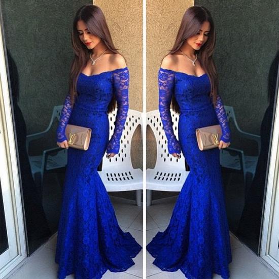 Mermaid Long Sleeve Royal Blue 2022 Evening Dress Lace Off the Shoulder Party Gown_3