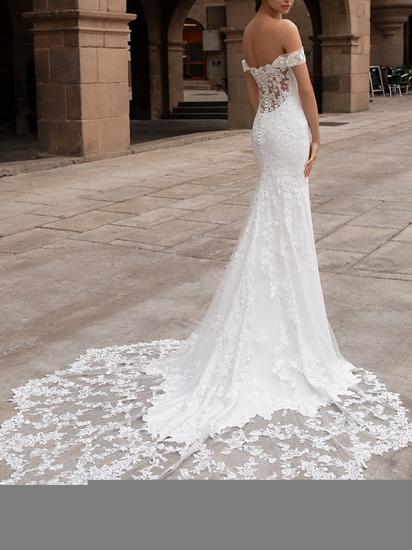 Romantic Plus Size Mermaid Wedding Dress Off Shoulder Lace Satin Short Sleeve Bridal Gowns with Court Train_2