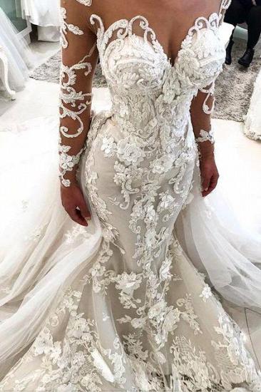 Glamouröse Meerjungfrau-Brautkleider mit langen Ärmeln 2022 | Sexy Blumen-Meerjungfrau-Brautkleider mit abnehmbarer Schleppe