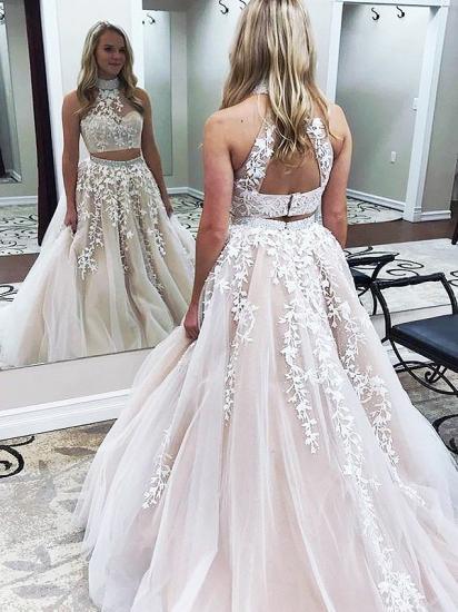 Gorgeous Halter Two Piece Applique Prom Dresses | Elegant Lace Up Crystal Evening Dresses with Beads_1