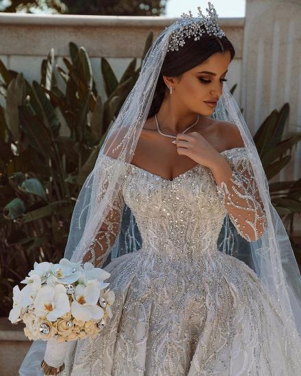 Luxurious Ball Gown Sequins Bridal Dress Long Sleeve Satin Maxi Dress_5