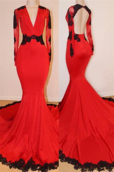 Rote Ballkleider mit offenem Rücken und schwarzen Spitzenapplikationen | Sexy Meerjungfrau-Abschlusskleid mit V-Ausschnitt und langen Ärmeln_1
