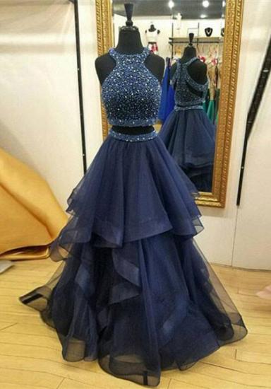 Crystals Ruffles Zipper Sleeveless Formal Dress 2022 Jewel Modest Two Piece Prom Dress_1