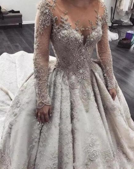 Luxury Long Sleeve Lace Wedding Dresses | Sheer Tulle Crystal Beads Dresses for Weddings