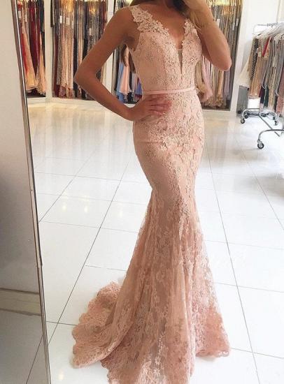 Mermaid Pink Lace Long Evening Dresses | Sleeveless Sheer Tulle Prom Dresses