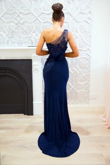 Sexy Navy Blue One-shoulder Prom Dresses | Split-front Lace Sheath Evening Dress_2