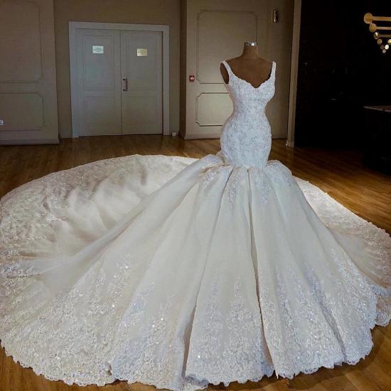 TsClothzone Gorgeous Straps White Mermaid Wedding Dresses Satin Ruffles Bridal Gowns With Appliques Online_3