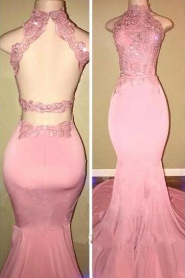 2022 Pink Open-Back High-Neck Prom Dresses | Long Mermaid Appliques Evening Dresses_1