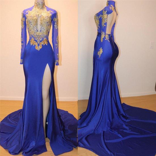 Royal Blue Goldapplikationen Sexy Open Back Prom Dress | Günstiges Abendkleid mit Seitenschlitz und langen Ärmeln_3