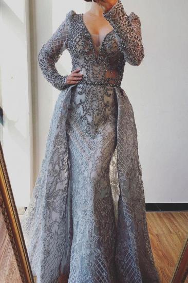 Glitter Long Sleeves Pearls Mermaid Evening Prom Gown wit Detachable Train_1