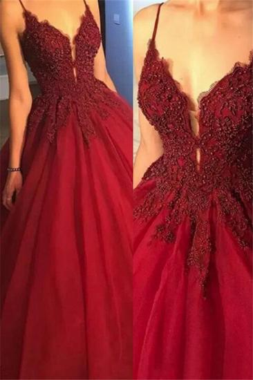 Gorgeous Spaghetti Strap Beads Prom Dresses | Red Elegant Lace Puffy Ball Gown Evening Dresses