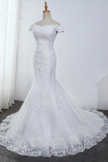 TsClothzone Affordable Off-the-Shoulder Mermaid White Wedding Dress Short Sleeves Tulle Appliques Bridal Gowns On Sale_5