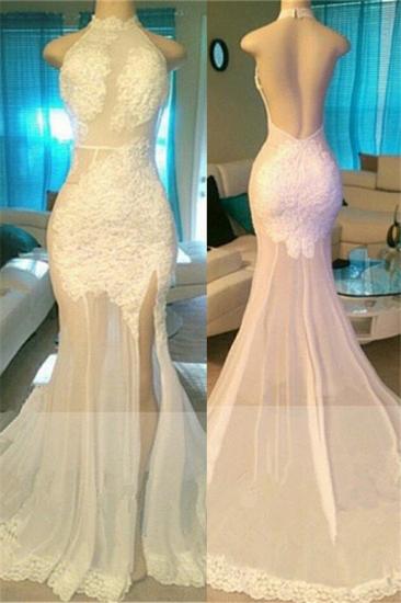 Sexy Backless Sheer Tulle Prom Dress Cheap 2022 | Side Slit Lace Appliques Evening Gowns on Mannequins bc1933
