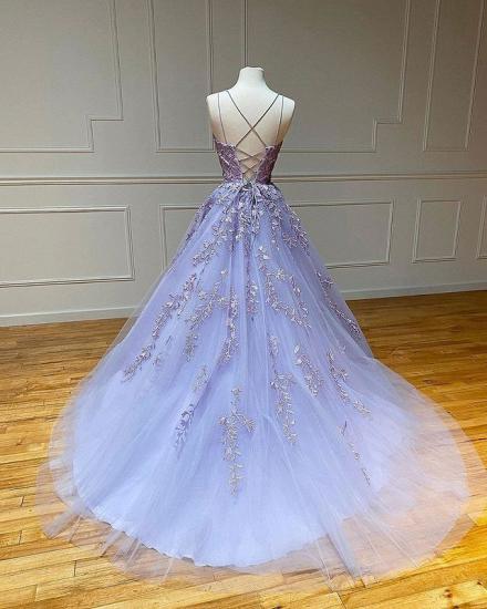 Spaghetti Straps Floral Lace Aline Evening Gown Sleeveless Prom Dress_6