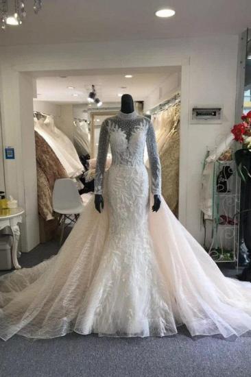 Elegant Collar Long Sleeve Floral Pattern Mermaid Wedding Dress Detachable Sweep Train