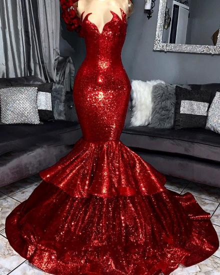 Sparkling Sequins Mermaid Tiered Sleeveless Sexy Cheap Red Prom Dresses on Mannequins_1