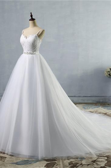 TsClothzone Elegant Spaghetti Straps Sweetheart Wedding Dress White Tulle Appliques Bridal Gowns with Beadings Sash_4