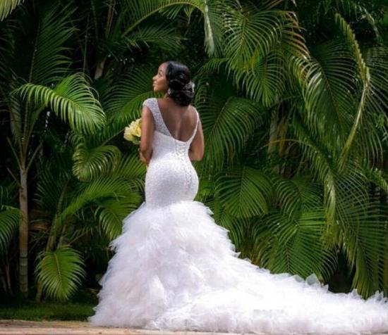 Sexy Mermaid V-neck Wedding Dresses Sleeveless Beading Court Train Bridal Gown_5