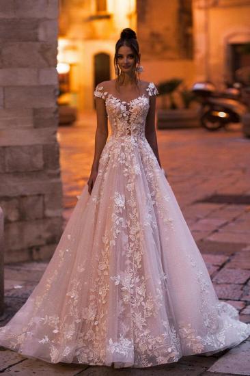 Bescheidenes Aline-Hochzeitskleid mit Flügelärmeln, Blumentüll, Spitze, bodenlanges Brautkleid
