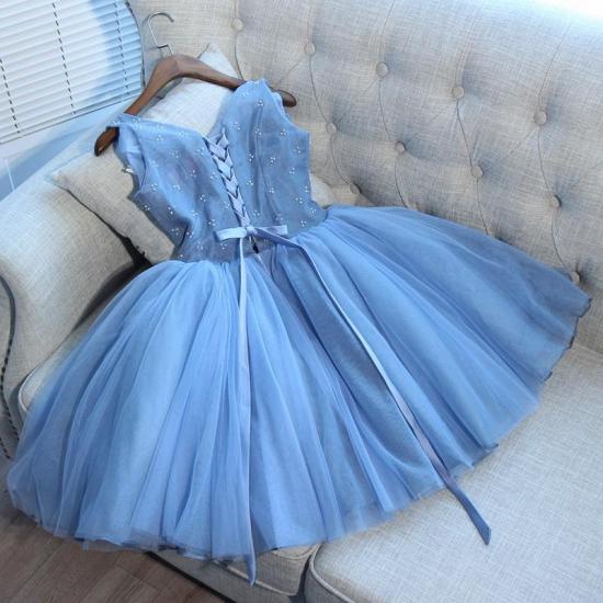 Elegante ärmellose kurze Abiballkleider mit V-Ausschnitt | 2022 Blaue Applikationen Hoco Kleid Billig_4