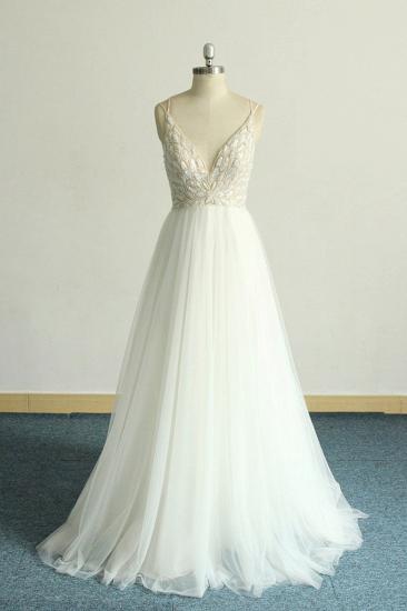 Wunderschönes A-Linie weißes Spitzen-Tüll-Hochzeitskleid | Ärmellose Brautkleider mit Applikationen
