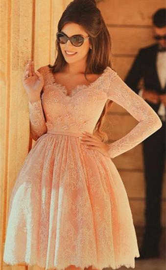 Cute Pink V-Neck Long Sleeve Homecoming Dress Latest A-Line Lace Knee Length Coctail Dresses