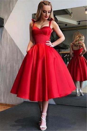 Simple Red Straps A-Line Evening Dresses | Sexy Open Back Tea Length Cheap Formal Dresses_1