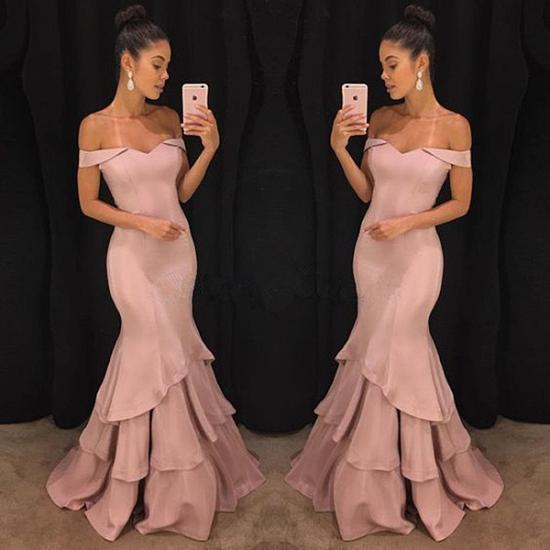 Sexy Off The Shoulder Mermaid Prom Dresses | Tiered Pink Ruffles Evening Gowns Online_3