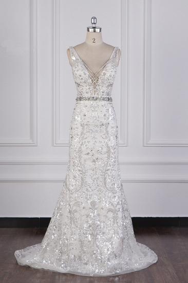 TsClothzone Sparkly Sequins Straps V-Neck Wedding Dress Beadings Sleeveless Bridal Gowns with Sash On Sale_1