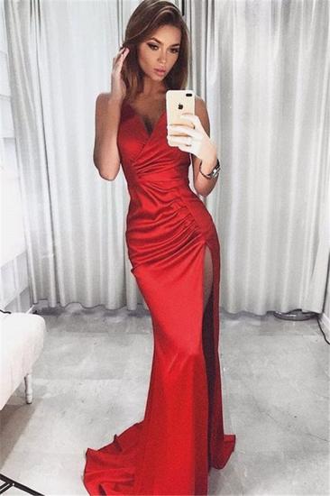 Formales Ballkleid mit V-Ausschnitt und seitlichem Schlitz 2022 Rotes Abendkleid mit sexy Trägern_1