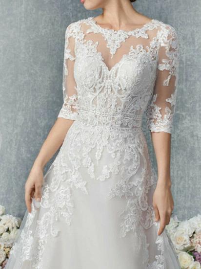 Illusion A-Line Wedding Dress Jewel Tulle 3/4 Length Sleeve Bridal Gowns Court Train_2