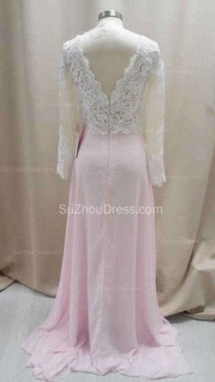 Cute Pink Chiffon Lace Prom Dresses Sheer Long Sleeve Cheap Popular Evening Dresses with Side Slit_2