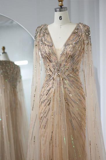 Luxuriöse Meerjungfrau-Abendkleider mit V-Ausschnitt, Kristallen, Pailletten und Cape-Ärmeln, langes Dubai-Partykleid für die Hochzeit_3