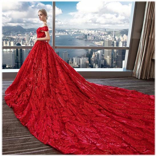 Off Shoulder Red Floral Lace Wedding Party Dress with Sweep Train_3