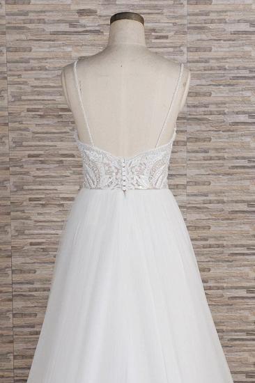 Glamouröse Spaghettiträger mit V-Ausschnitt, weißes Hochzeitskleid | A-Linie ärmellose Tüll-Spitze-Brautkleider_7