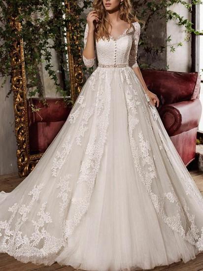 A-Line Wedding Dress V-neck Tulle 3/4 Length Sleeve Bridal Gowns Formal Plus Size with Sweep Train
